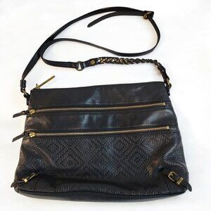 Chic Elliott Lucca Black Leather Crossbody Purse with Gold Zipper Accents